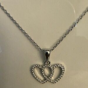 Classic elegant Fine Silver plated Cubic Zirconia Double Heart Women’s Necklace